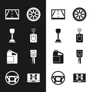 Set Car key with remote, Gear shifter, Gps device map, wheel, Canister for motor Stock Illustration
