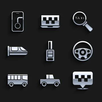 Set Car key with remote, Location taxi, Steering wheel, Bus, High-speed train Stock-Illustration