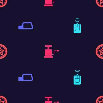 Set Car key with remote, mirror, air pump and wheel on seamless pattern. Vector イラスト素材