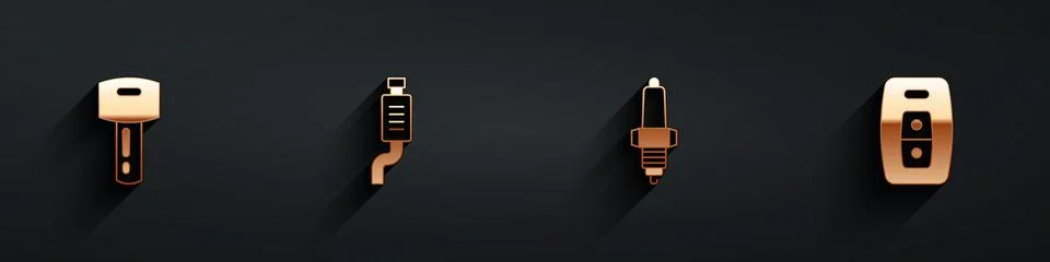 Set Car key with remote, muffler, spark plug and icon with long shadow. Vector Stock Illustration