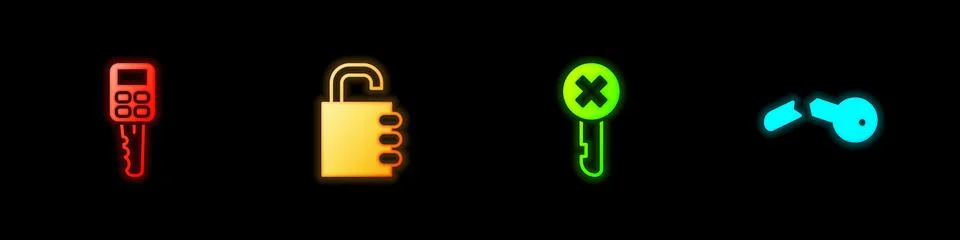 Set Car key with remote, Safe combination lock, Wrong and Broken icon. Vector Ilustración de archivo