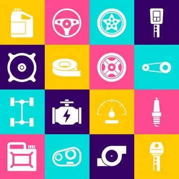 Set Car key with remote, spark plug, Timing belt kit, wheel, Scotch tape, audio Stock Illustration