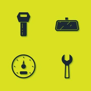 Set Car key with remote, Wrench spanner, Speedometer and mirror icon. Vector Illustrazione stock