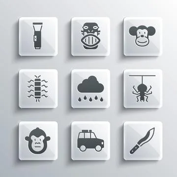 Set Car, Machete, Spider, Cloud with rain, Monkey, Centipede insect, Flashl.. Stock Illustration