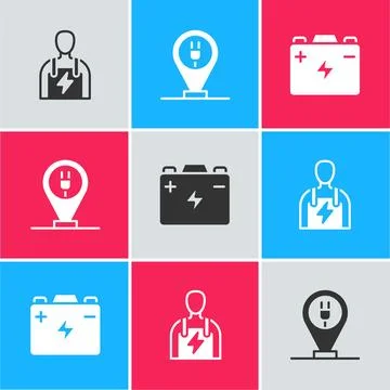 Set Car mechanic, Charging parking electric car and battery icon. Vector Stock Illustration