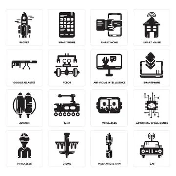 Set of Car, Mechanical arm, Vr glasses, Jetpack, Artificial intelligence, Goo 무료 스톡 일러스트