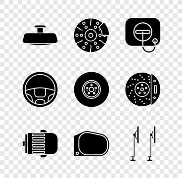 Set Car mirror, brake disk with caliper, Oil filler cap at gas station, Elect Stock Illustration