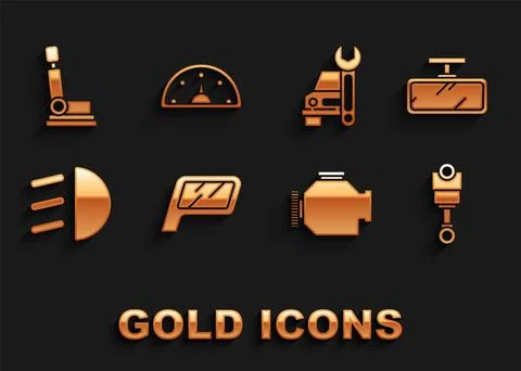 Set Car mirror, Engine piston, Check engine, High beam, service, seat and Stock Illustration