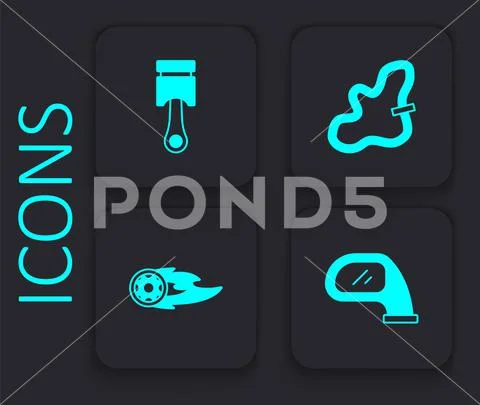 Set Car mirror, Engine piston, Racing track and Wheel fire flame icon ...