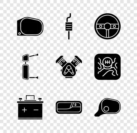 Set Car mirror, muffler, Steering wheel, battery, door handle, Truck side and Illustration