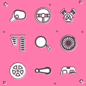 Set Car mirror, Steering wheel, engine, gas and brake pedals, and door handle Illustration