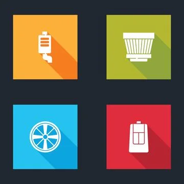 Set Car muffler, air filter, Alloy wheel and key with remote icon. Vector Stock Illustration