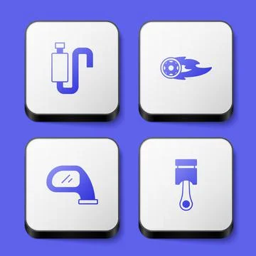 Set Car muffler, Wheel in fire flame, mirror and Engine piston icon. White sq Stock Illustration