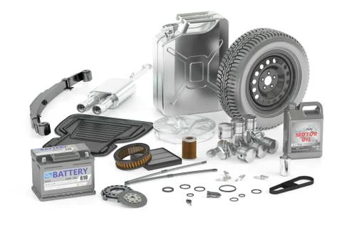 Set of car parts, 3D rendering Ilustración de archivo
