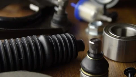 Set of car parts for maintenance. Tracking and slow motion Stock Footage 130976216