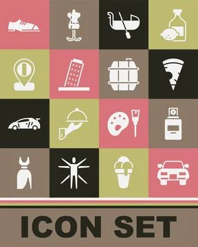 Set Car, Perfume, Slice of pizza, Gondola, Tower in Pisa, Location flag Italy Ilustración de archivo