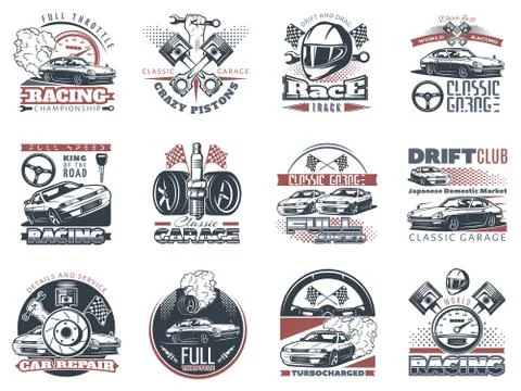 Set of car racing colored emblems, labels and championship race badges Stock Illustration