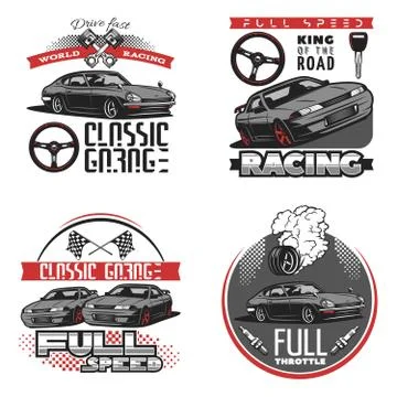 Set of car racing emblems and racing badges. classic garage, full speed Stock Illustration