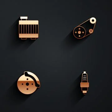 Set Car radiator cooling system, Timing belt kit, brake disk with caliper and Stock Illustration