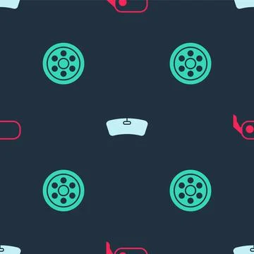 Set Car rearview mirror, Windshield and Alloy wheel on seamless pattern. Vector Illustrazione stock