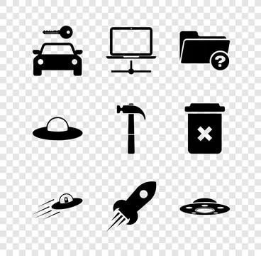 Set Car rental, Computer network, Unknown directory, UFO flying spaceship and Illustrazione stock