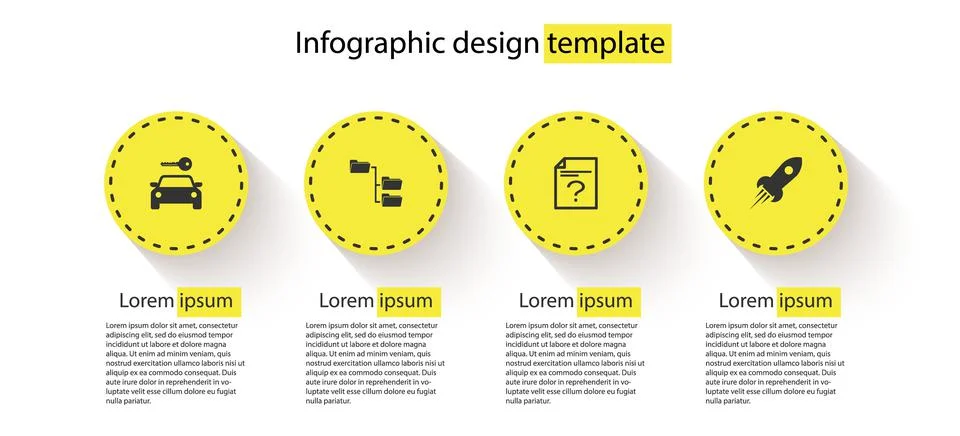 Set Car rental, Folder tree, Unknown document and Rocket ship with fire. Busi Stock Illustration
