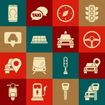 Set Car rental, Map pointer with taxi, Steering wheel, Compass, Taxi car ro.. Stock Illustration