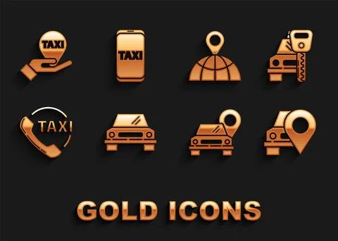 Set Car, rental, Map pointer with taxi, Taxi call telephone service, Locati.. Stock Illustration