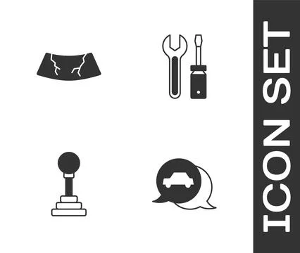 Set Car service, Broken windshield, Gear shifter and Screwdriver and wrench.. Ilustración de archivo