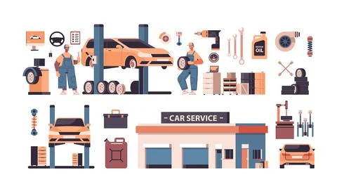 Set car service elements collection automobile check up maintenance station 스톡 일러스트