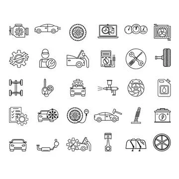 Set of Car Service Icons. Vector Icons of Car, Engine, Wheel, Car Wash, Ele.. Stock Illustration