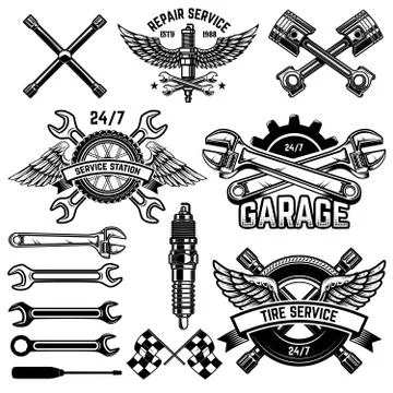 Set of car service station emblems and design elements. For logo, label, sign Stock Illustration