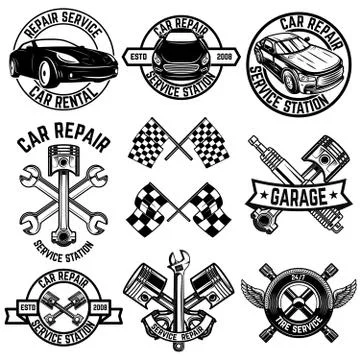 Set of car service station emblems and design elements. For logo, label, sign Stock Illustration