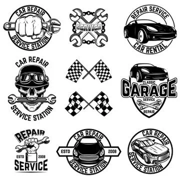 Set of car service station emblems and design elements. For logo, label, sign Stock Illustration