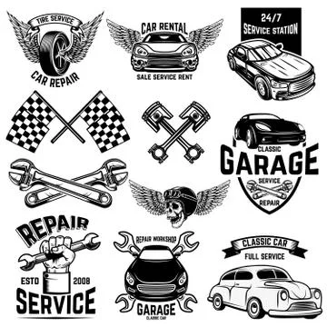 Set of car service station emblems and design elements. For logo, label, sign Stock Illustration
