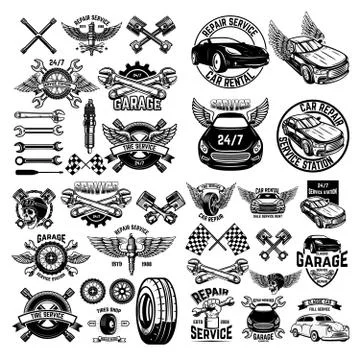 Set of car service station emblems and design elements. For logo, label, sign Stock Illustration
