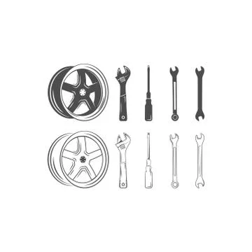 Set of car service tools and tire isolated on a white background. Lineart Stock Illustration