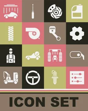 Set Car settings, rearview mirror, Gear, brake disk with caliper, Automotive Stock Illustration