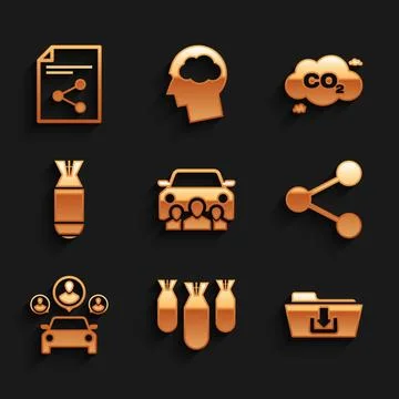 Set Car sharing, Aviation bombs, Folder download, Share, and icon. Vector Illustrazione stock