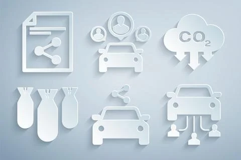 Set Car sharing, CO2 emissions cloud, Aviation bombs, , and Share file icon Stock Illustration