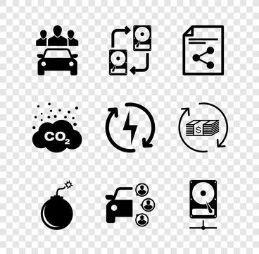 Set Car sharing, Data exchange with hhd, Share file, Bomb ready to explode,.. Illustrazione stock