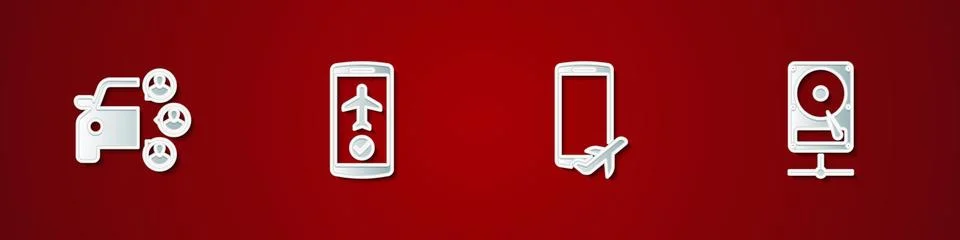 Set Car sharing, Flight mode the mobile, and Hard disk drive on network icon Stock Illustration