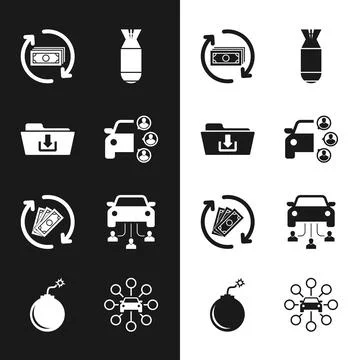 Set Car sharing, Folder download, Refund money, Aviation bomb, and icon. Vect 스톡 일러스트