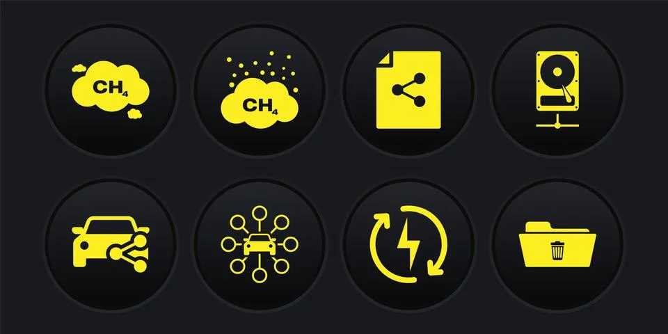 Set Car sharing, Hard disk drive on network, , Recharging, Share file and Stock Illustration