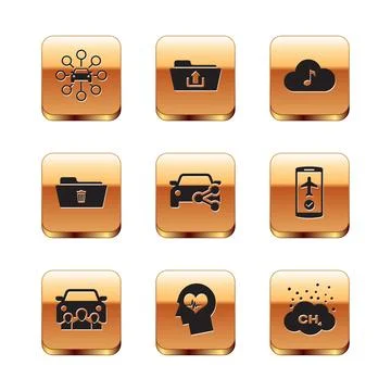 Set Car sharing, , Head with heartbeat, , Delete folder and Music streaming Stock Illustration