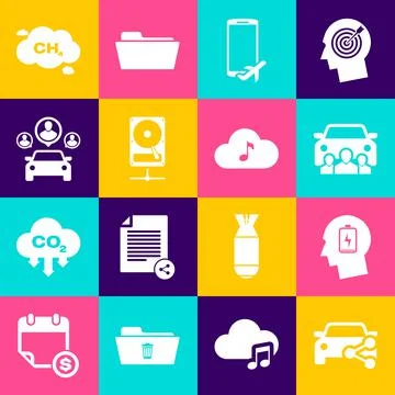 Set Car sharing, Head with low battery, , Flight mode the mobile, Hard disk Stock Illustration