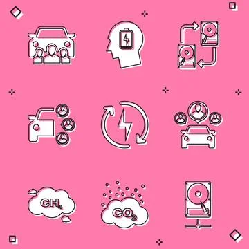Set Car sharing, Head with low battery, Data exchange hhd, , Recharging and.. Ilustración de archivo