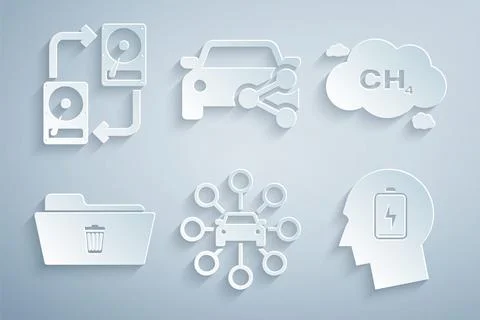 Set Car sharing, Methane emissions reduction, Delete folder, Head with low Stock Illustration