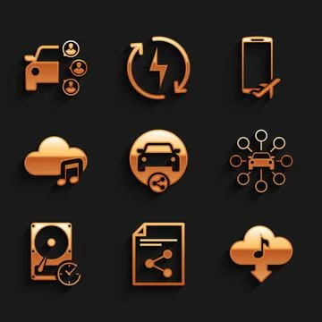 Set Car sharing, Share file, Cloud download music, , Hard disk drive with clo Stock Illustration
