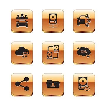 Set Car sharing, Share, Folder upload, Data exchange with hhd, Music streaming Illustrazione stock